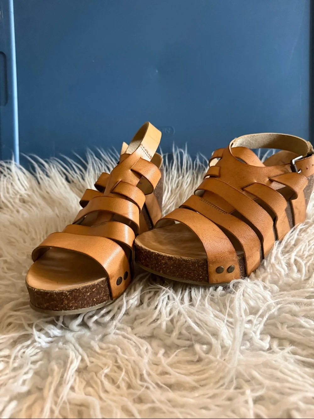Blowfish Malibu - Tan Strappy Leather Wedge Sandals